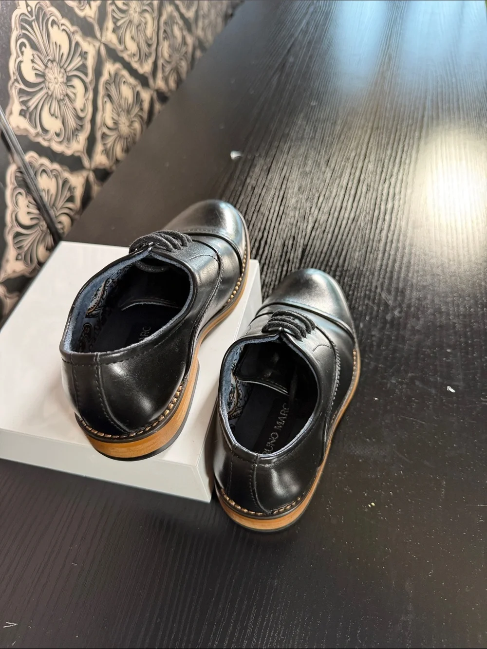 Bruno Marc Boy’s Black Leather Cap-Toe Derby with Tan Welt